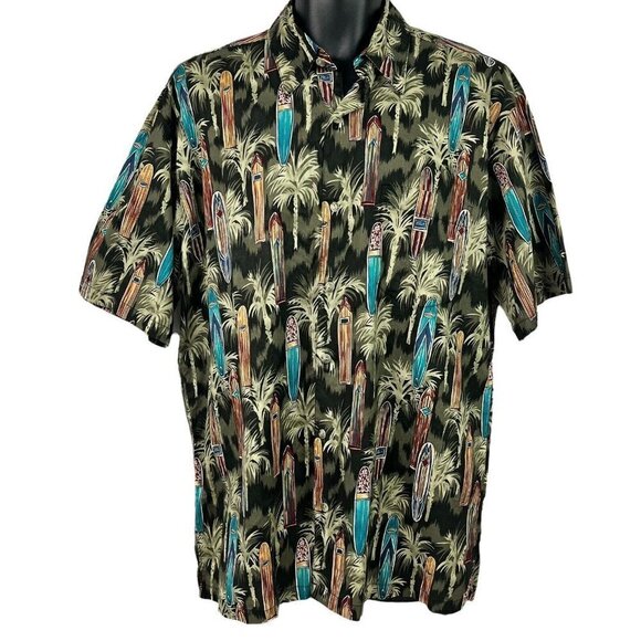 Kalaheo Mens Surfboard Palm Trees Hawaiian Shirt Green Large - Picture 2 of 8
